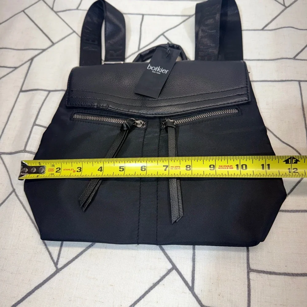 Botkier Backpack Small Black Nylon Leather Trim Logo Straps Zipper Pockets